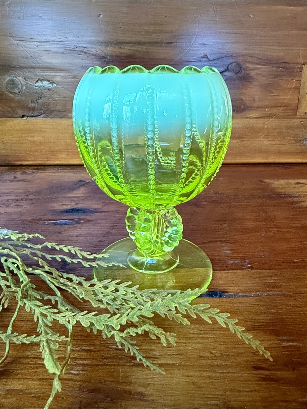 L.G. Wright Topaz Opalescent ‘Beaded Panels’ Uranium Glass Compote